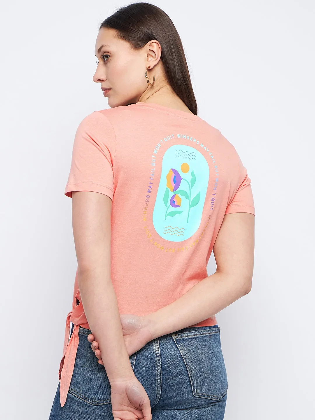 HighElasticity Fiber ThermalRegulatingFabric Madame Typography Peach Side Knotted Top