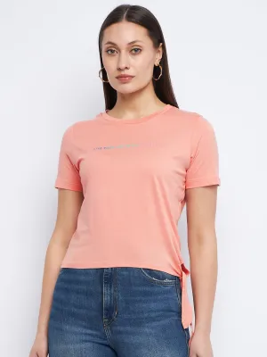 Cozy Pullover Madame Typography Peach Side Knotted Top