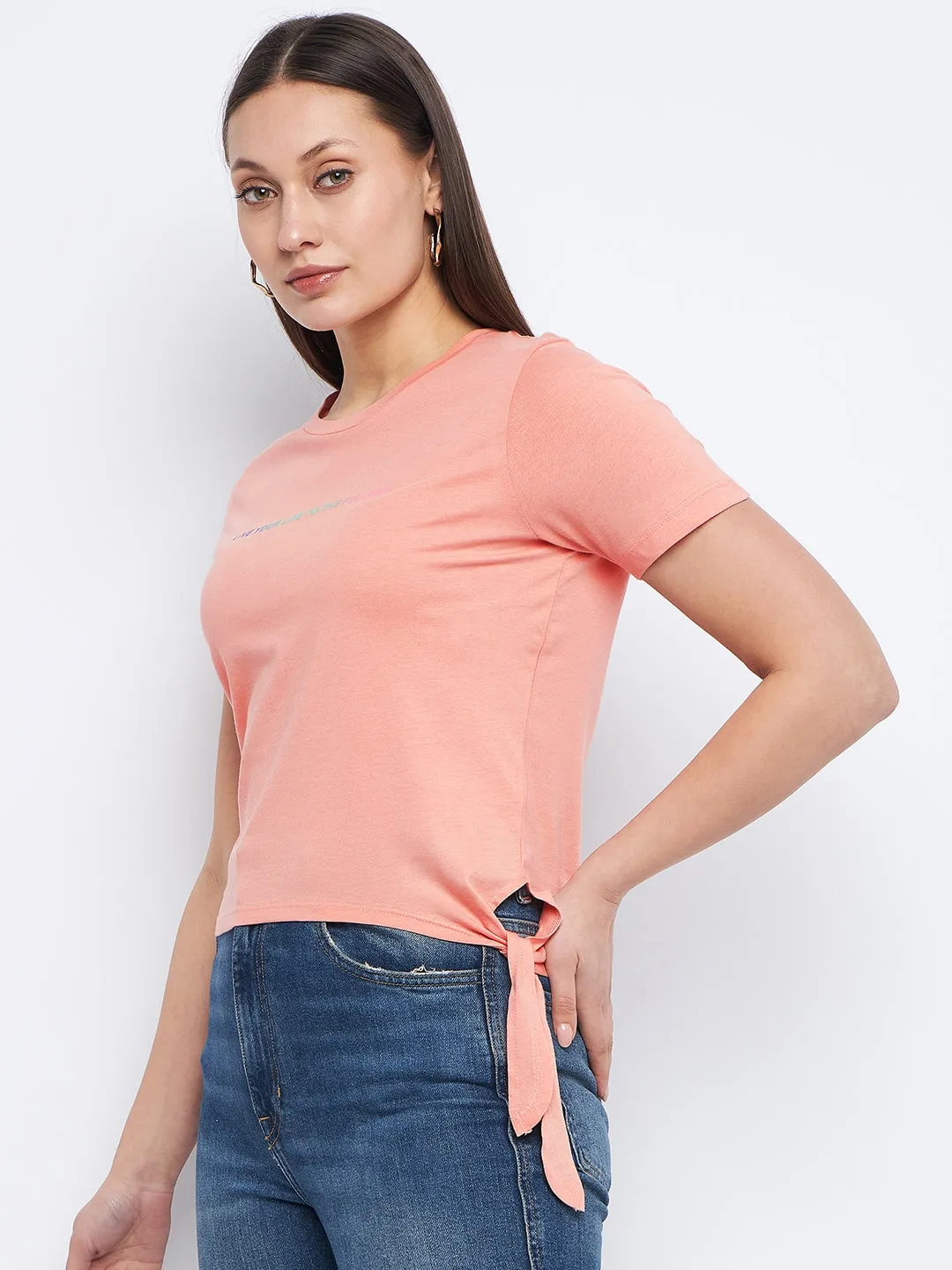 Madame Typography Peach Side Knotted Top AbrasionFree Edging