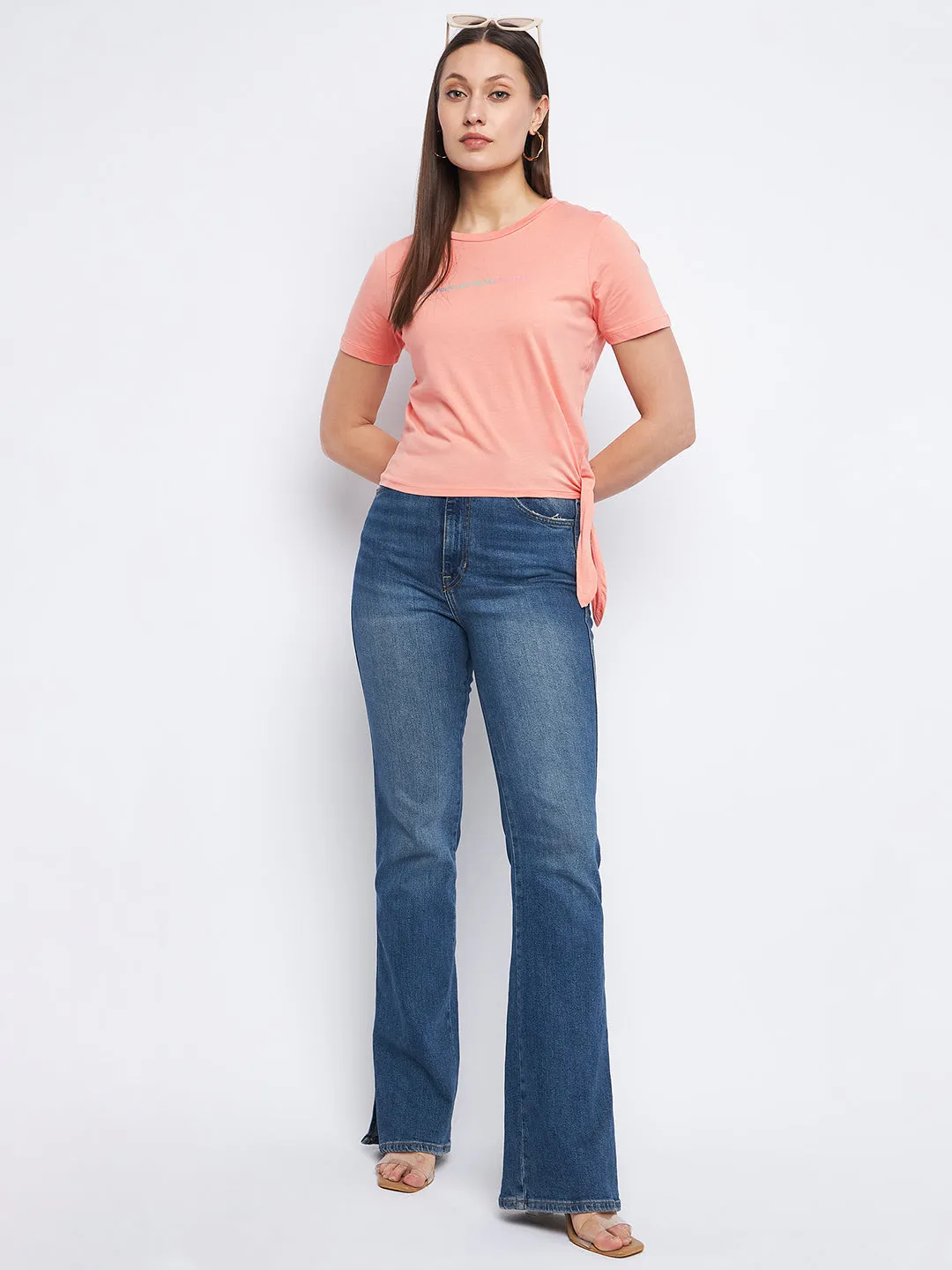 Madame Typography Peach Side Knotted Top Casual Design Wool Fit