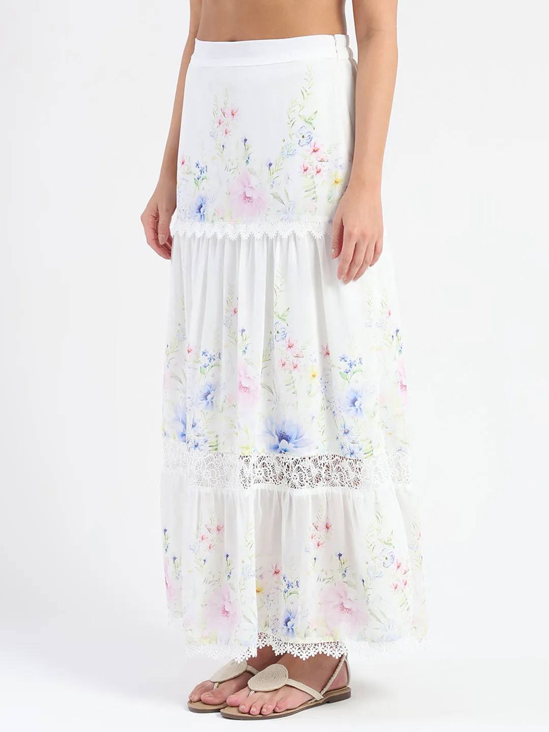 temperature regulation Carry Ease Madame Floral Print Tiered White Maxi Skirt