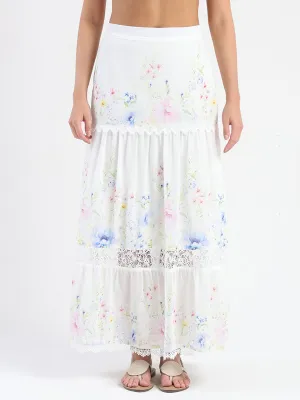 Madame Floral Print Tiered White Maxi Skirt HiddenZipperClosure