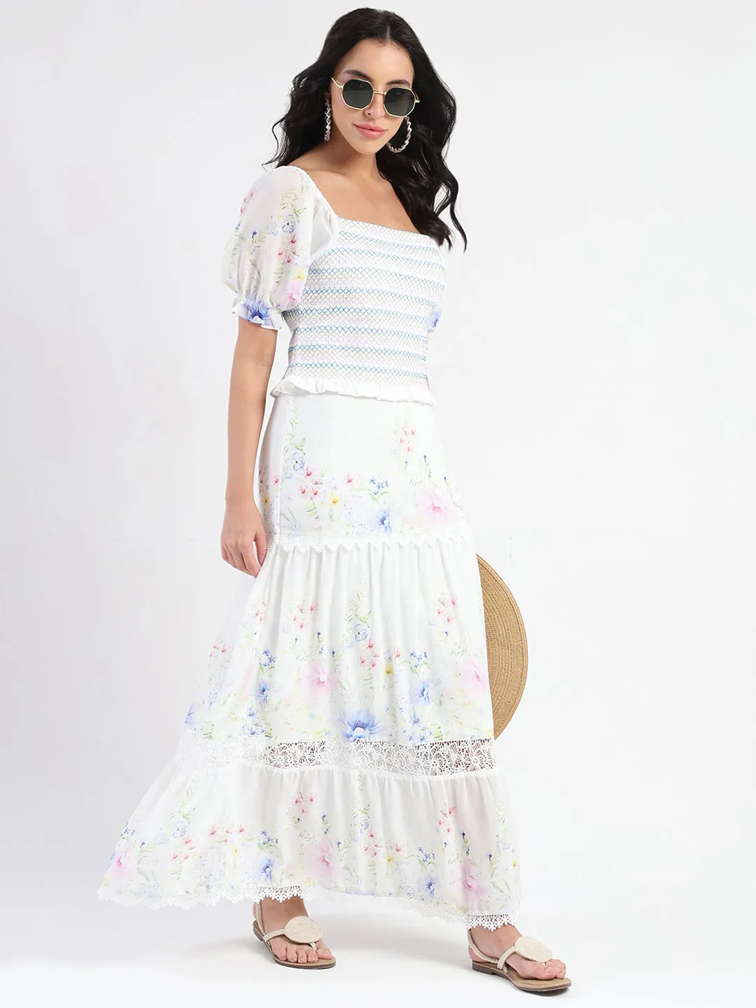 Madame Floral Print Tiered White Maxi Skirt Cool Edge Stylish Look