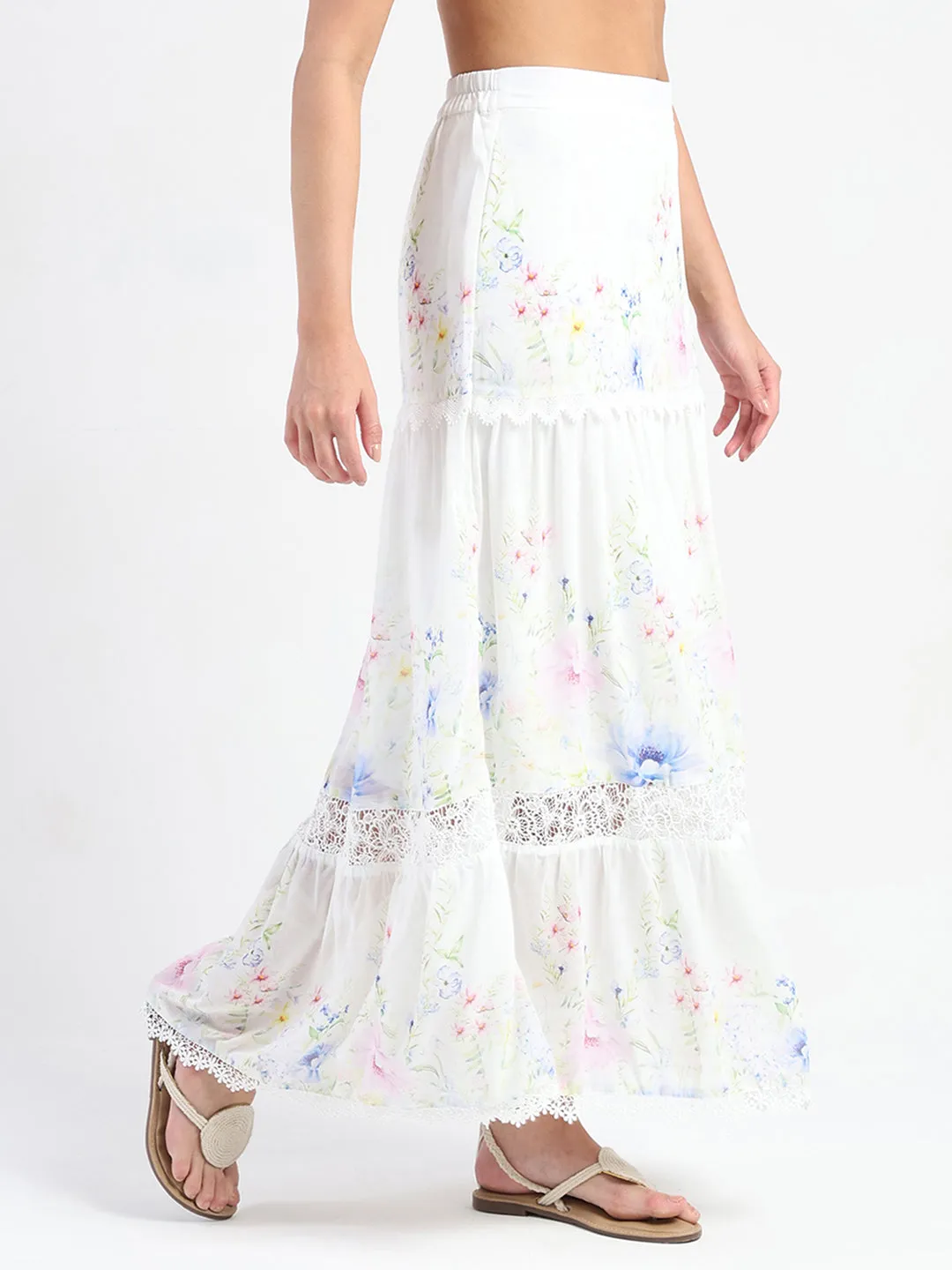 Madame Floral Print Tiered White Maxi Skirt Flow Core