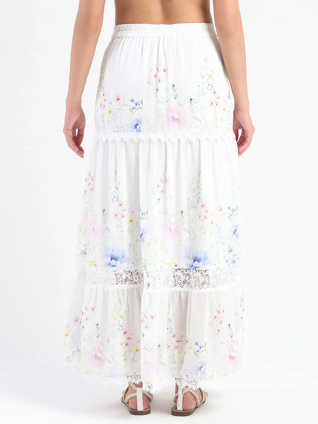 Madame Floral Print Tiered White Maxi Skirt NonSlip Grips BreathableFabric