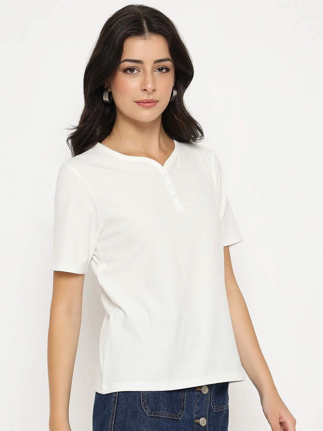 Madame Henley Neck Solid White T-Shirt Urban Smart
