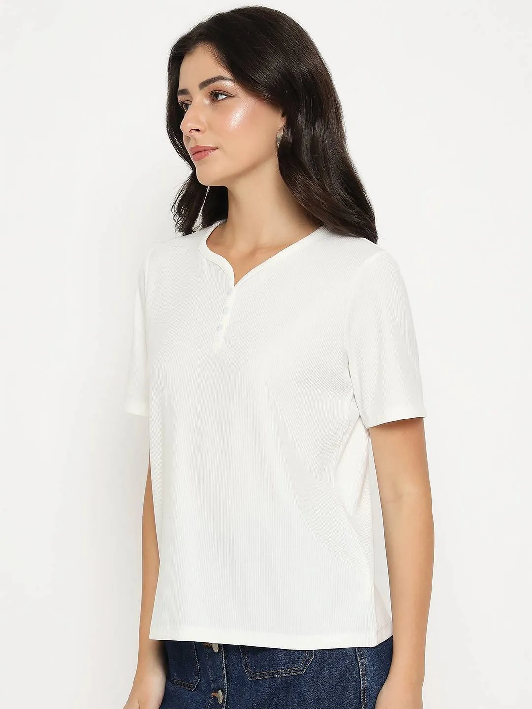 Madame Henley Neck Solid White T-Shirt High-Quality Cotton