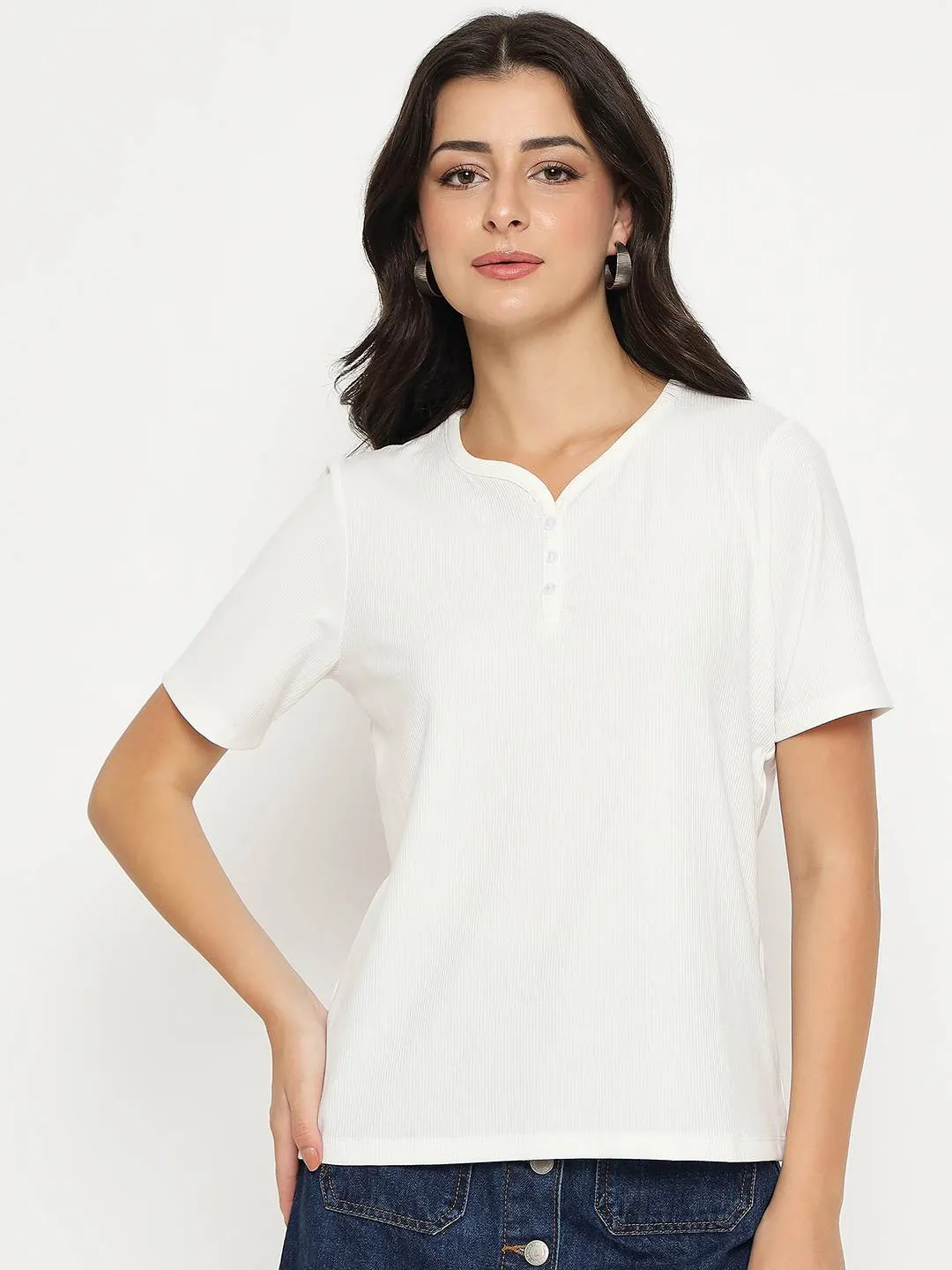 Fun Style Madame Henley Neck Solid White T-Shirt
