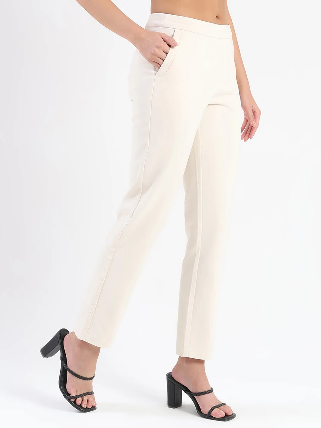 Sweat Wicking Liner Practical Style Madame High-Waist Cotton Blend Ivory Trousers