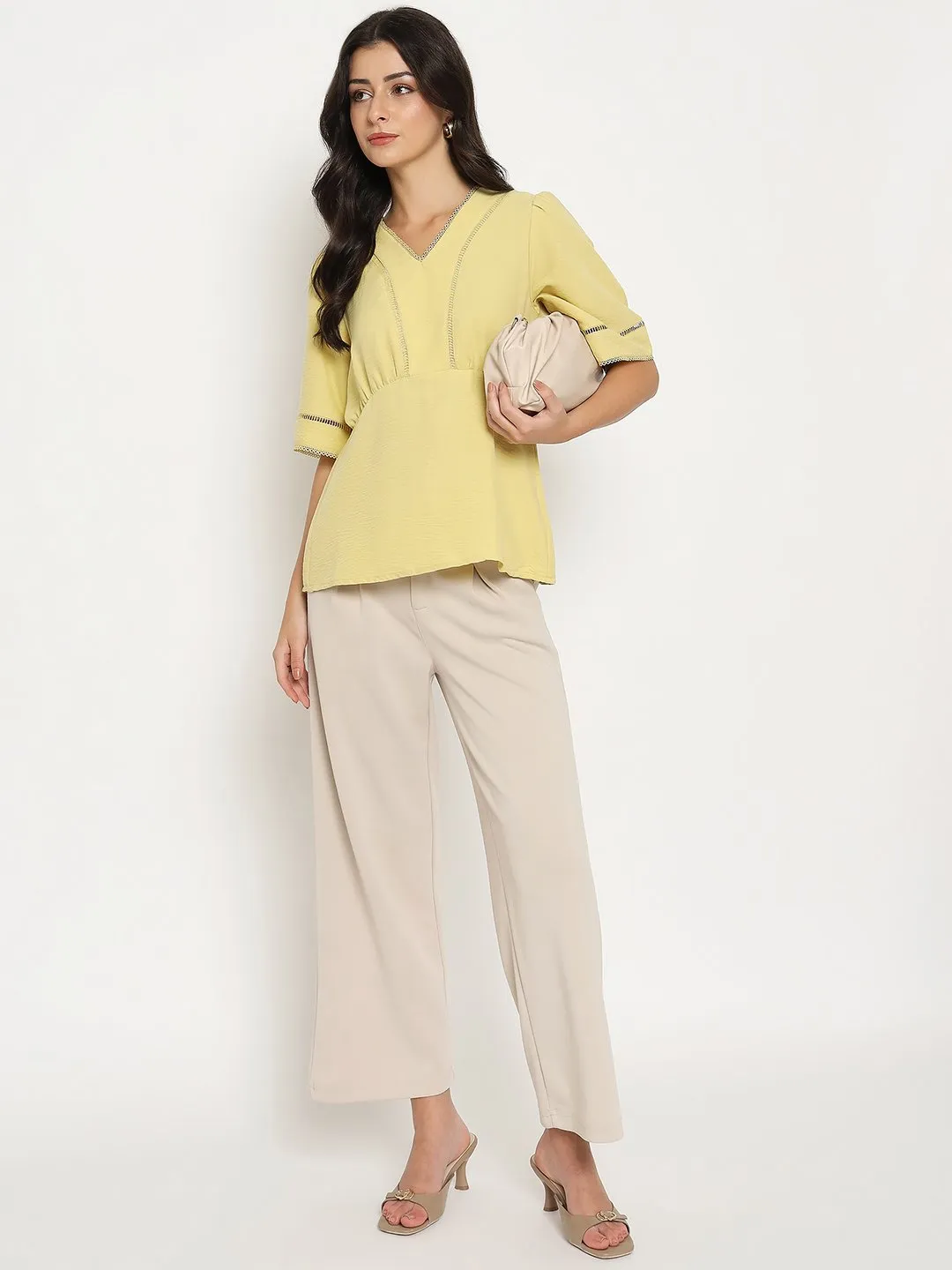 Madame V Neck Yellow Peplum Top SoftTouch Texture