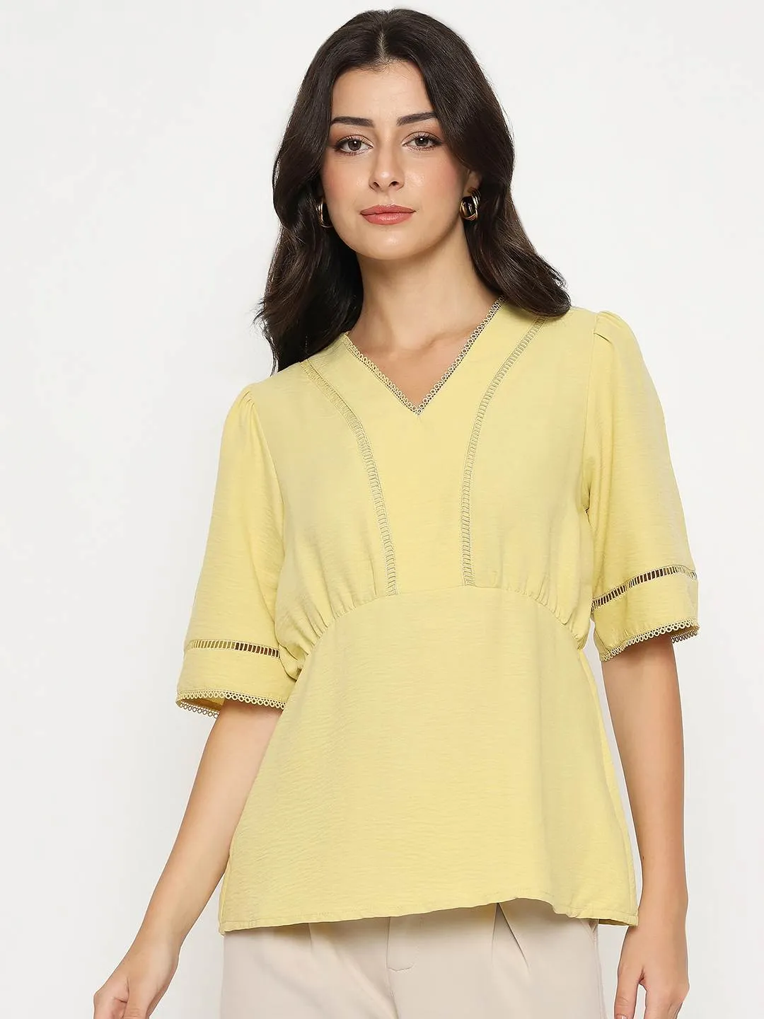 Madame V Neck Yellow Peplum Top New Day