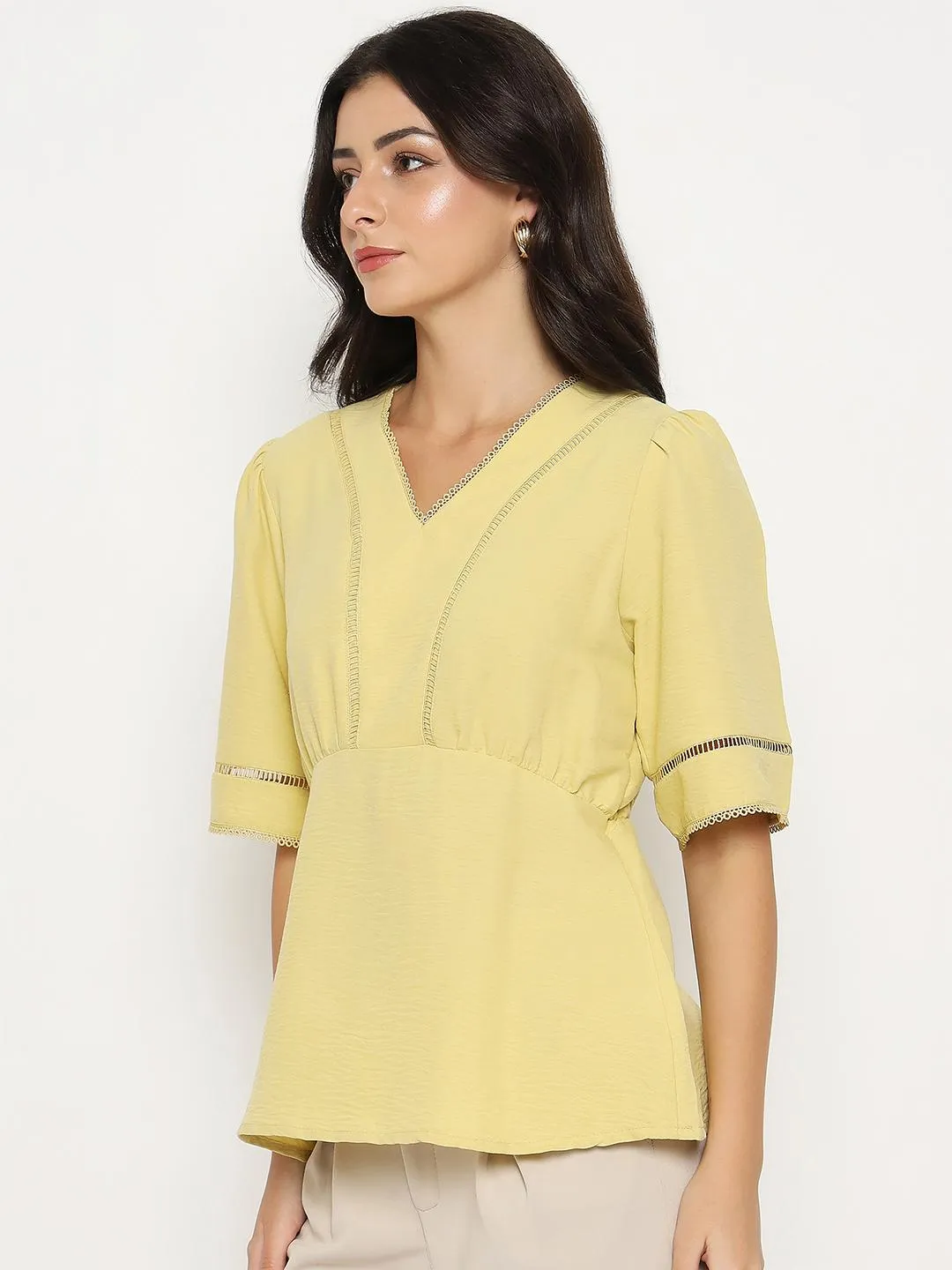 Madame V Neck Yellow Peplum Top Cold Weather Gear