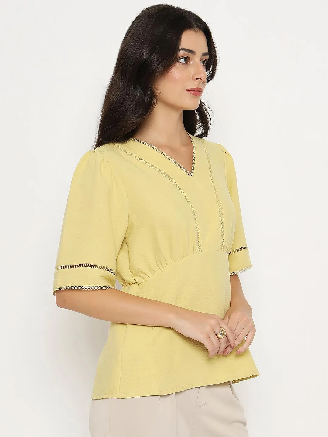 Madame V Neck Yellow Peplum Top Flash Core