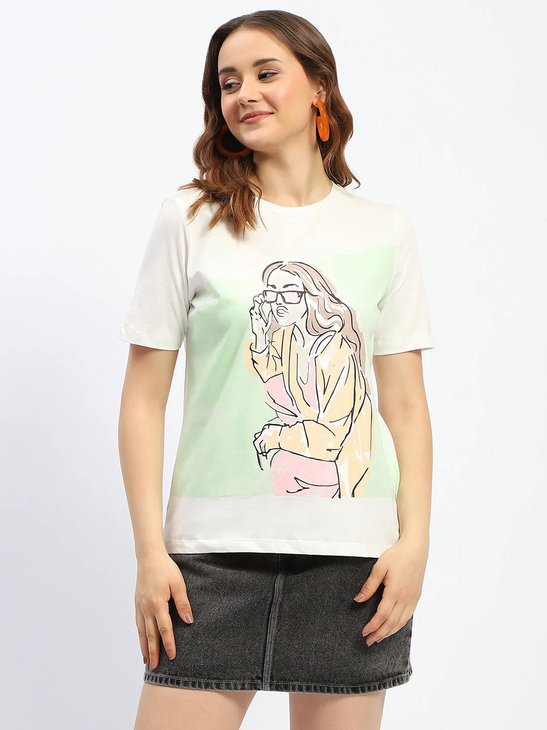 Madame White Graphic Print Cotton T-Shirt Essential Fit Soft Fit Wear
