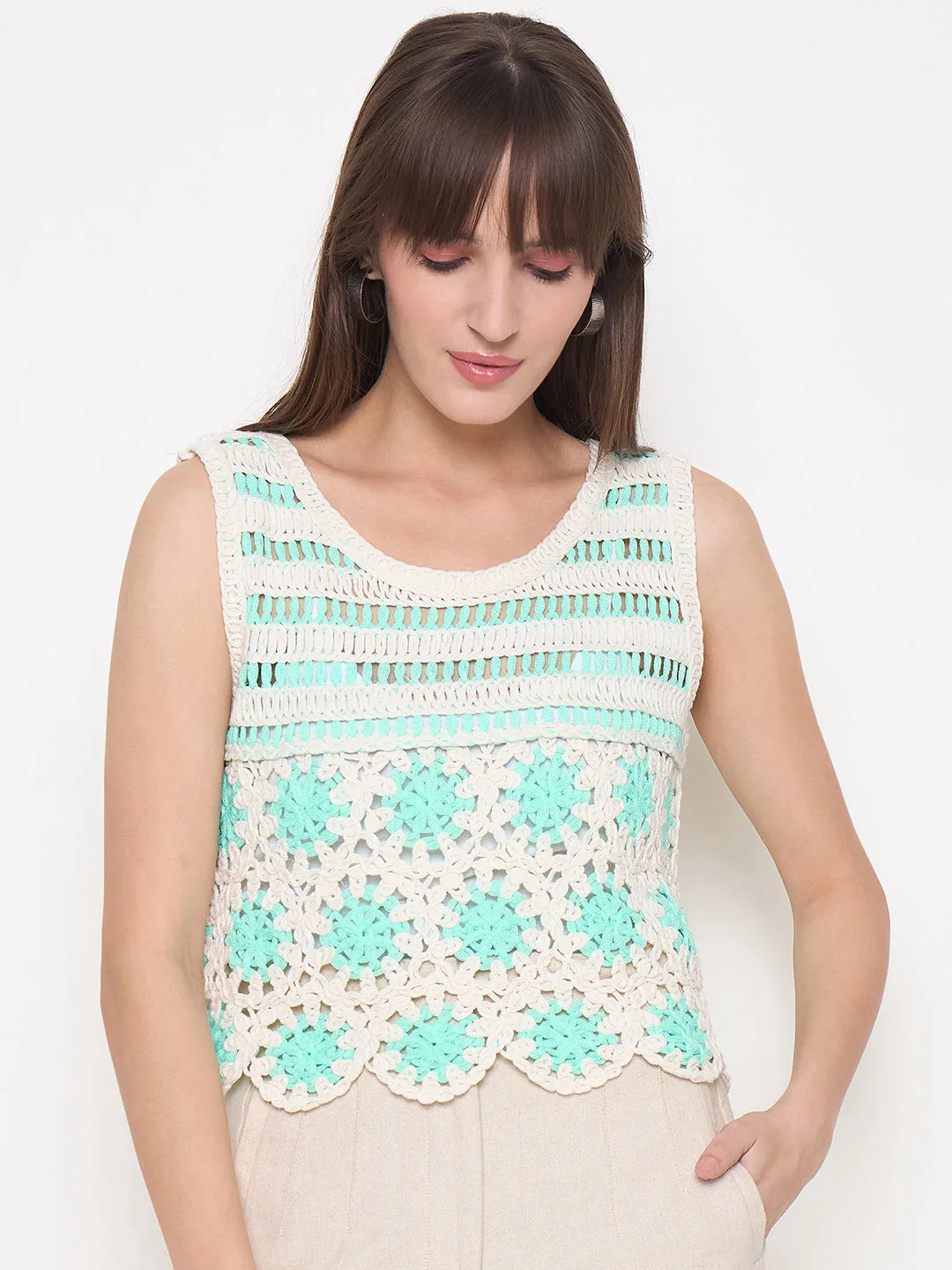 Madame Crochet Sleeveless Solid Green Cotton Top Office Attire Fashionable Vest