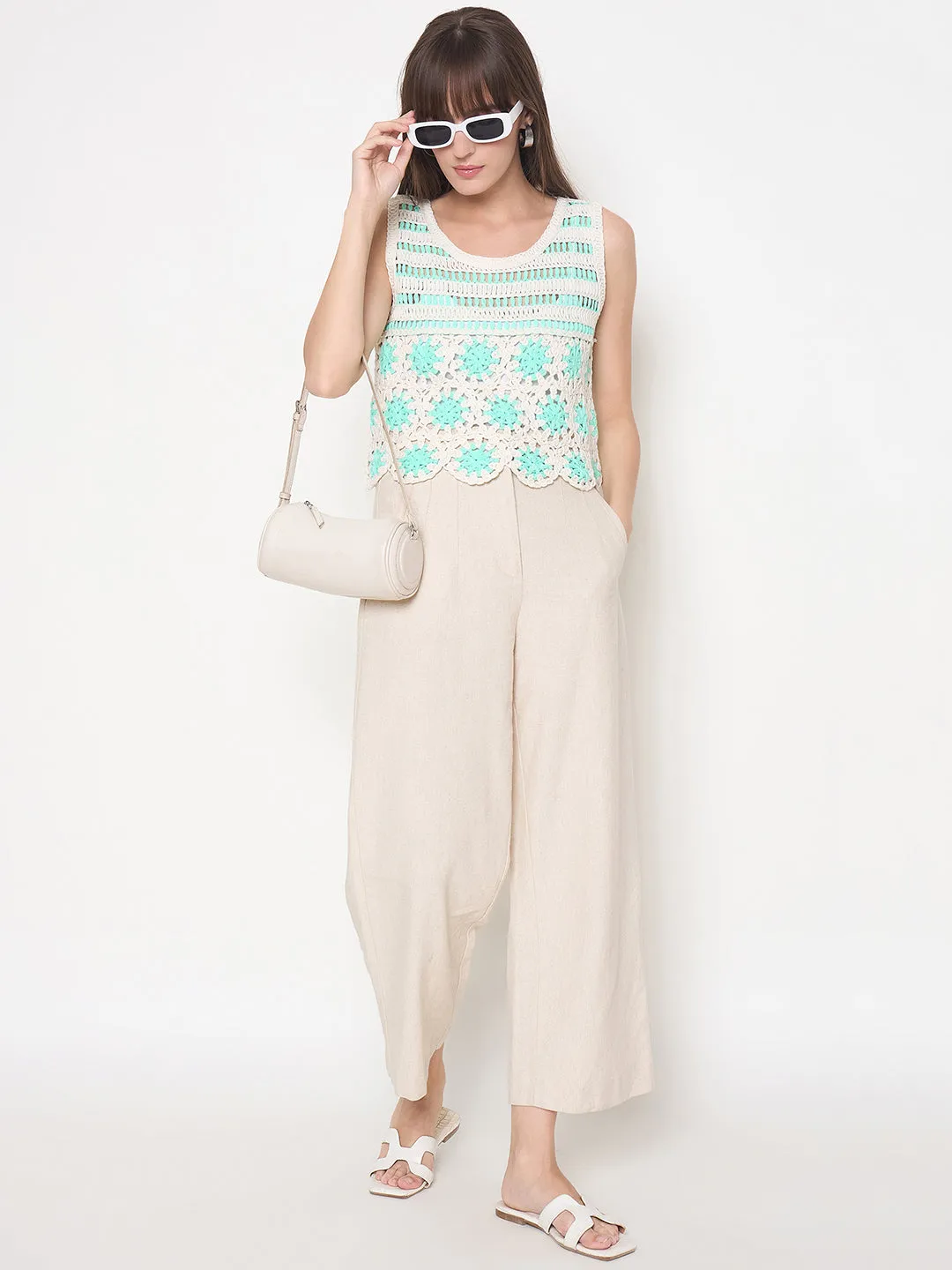 Green Soul HygroscopicFiber Madame Crochet Sleeveless Solid Green Cotton Top
