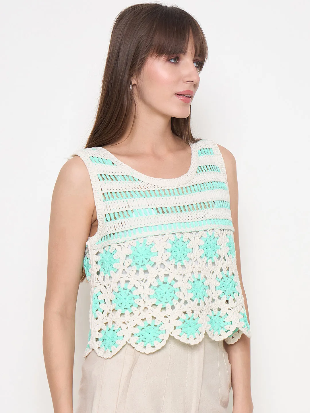Madame Crochet Sleeveless Solid Green Cotton Top SweatAbsorbentLining Street Fest