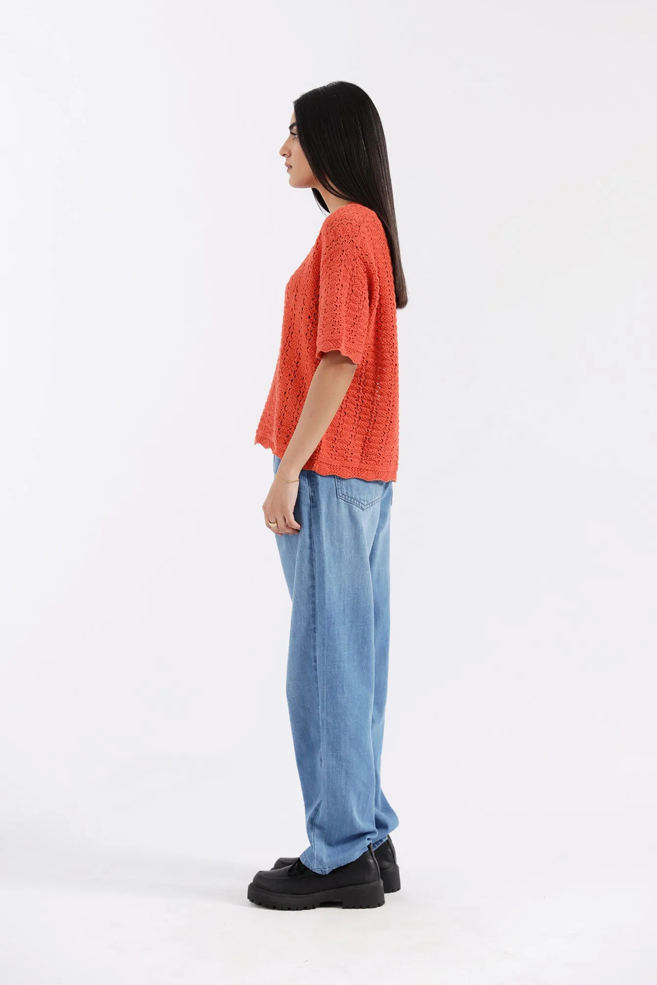CROCHET KNIT TOP WITH SCALLOP DETAIL StretchFit Heat Safe