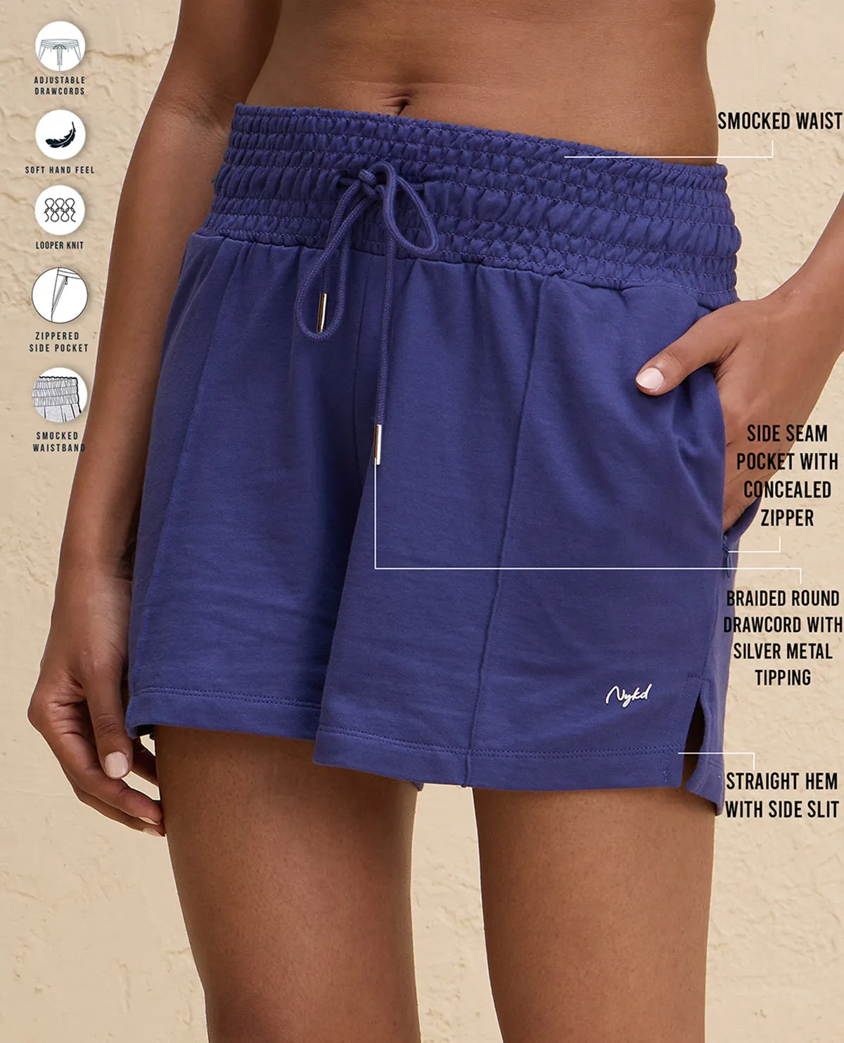 Double Layered Reinforcement comfortable attire Nykd By Nykaa Summer Essential Smocked Waist Lounge Cotton Terry Shorts -NYLE603-Blue