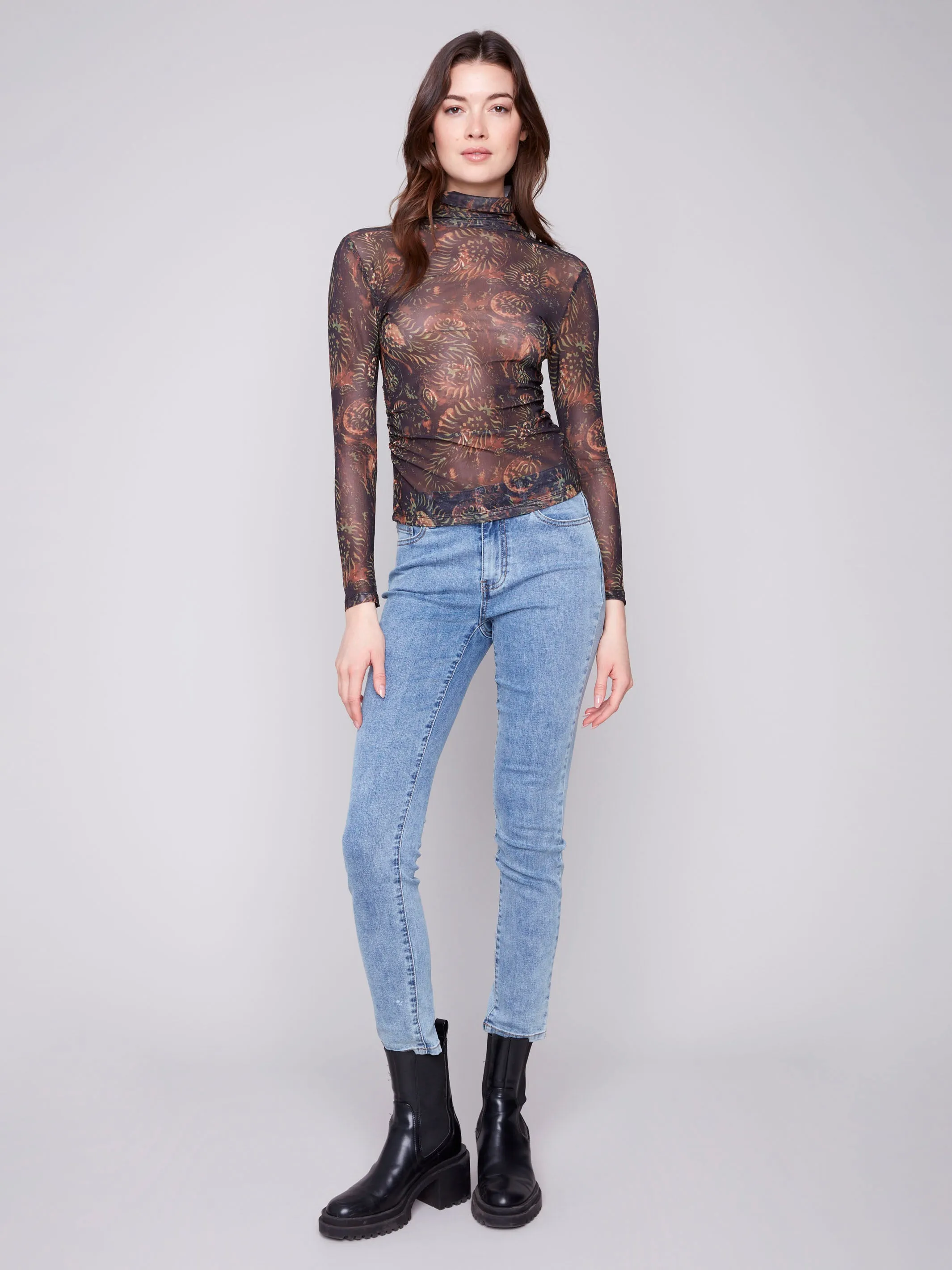 Printed Mock Neck Mesh Top - Spruce LightweightWeave ThermalInsulated
