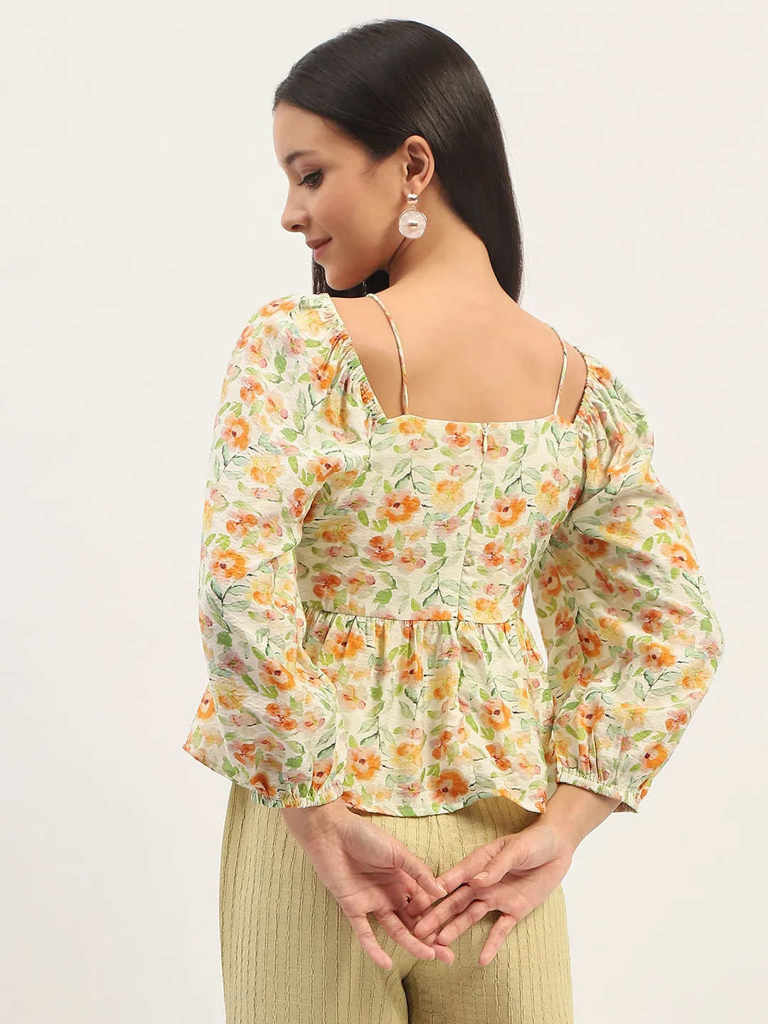 High-Quality Fabric Smart Design Madame Ruched Tie- Front Floral Printed Ivory Top