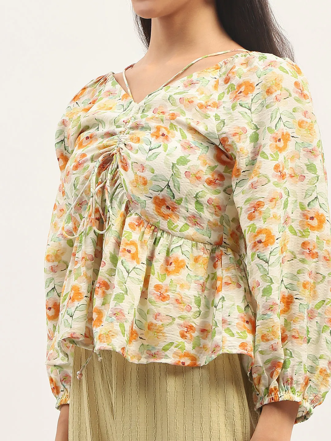 SheerLayeredPanels Timeless Cardigan Madame Ruched Tie- Front Floral Printed Ivory Top