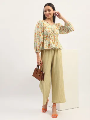 Comfy Wear Resort Mood Madame Ruched Tie- Front Floral Printed Ivory Top