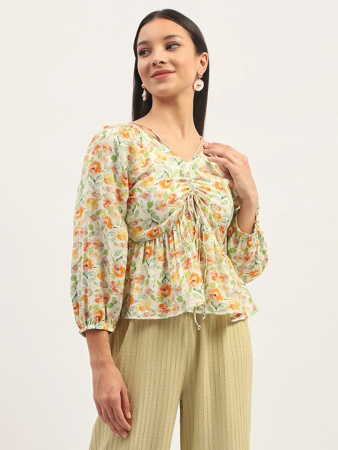 Airtight Zipper Madame Ruched Tie- Front Floral Printed Ivory Top
