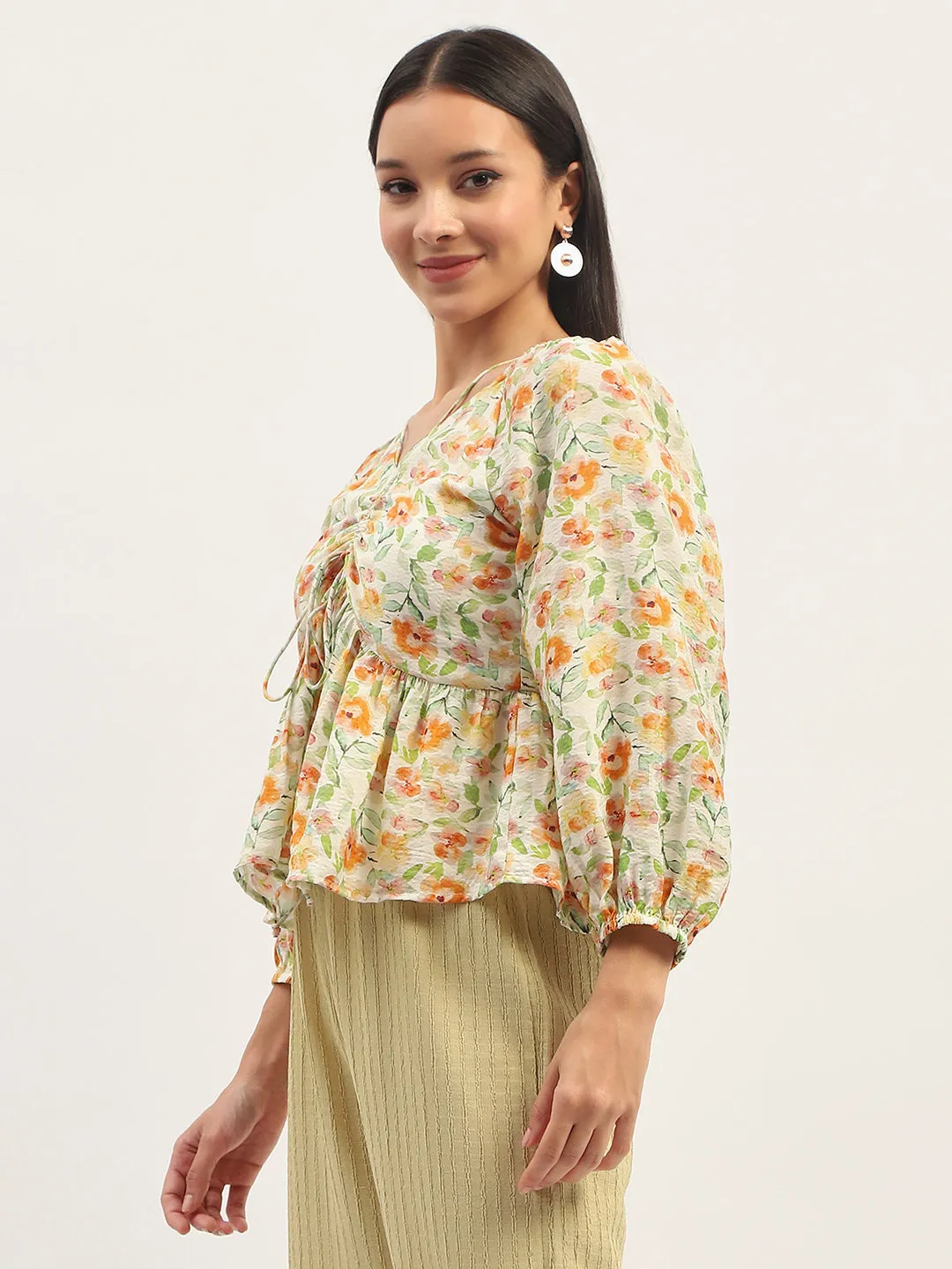 Madame Ruched Tie- Front Floral Printed Ivory Top ThermalInsulated