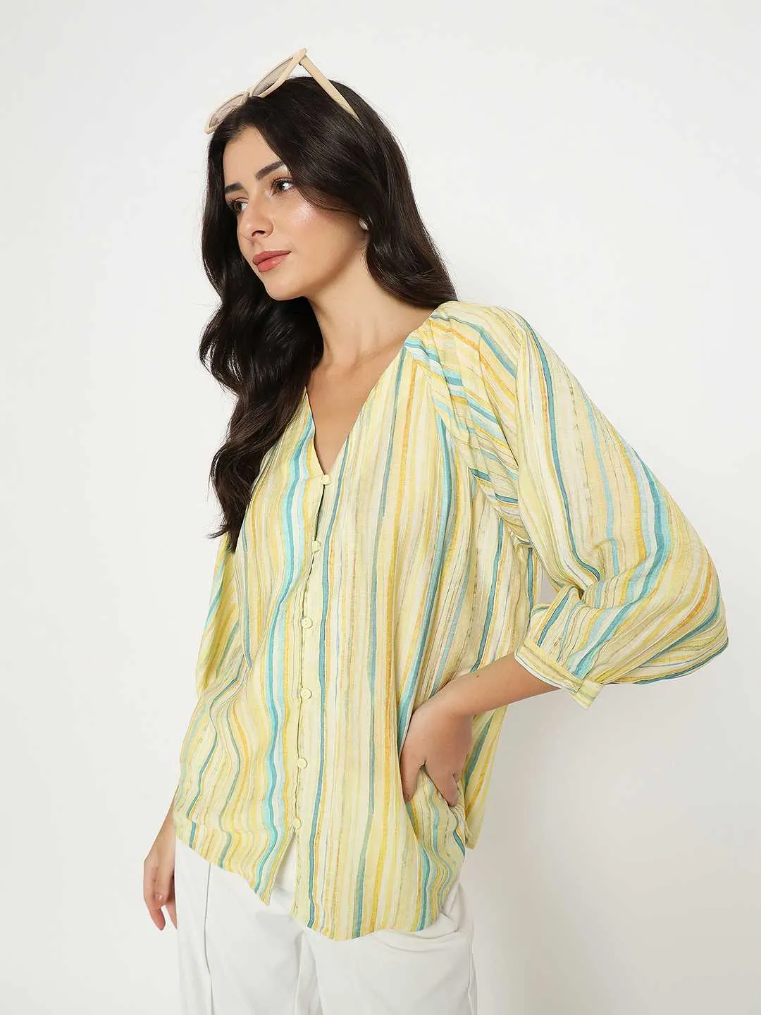 Madame Striped Rayon Blend Yellow Top Lake Mood