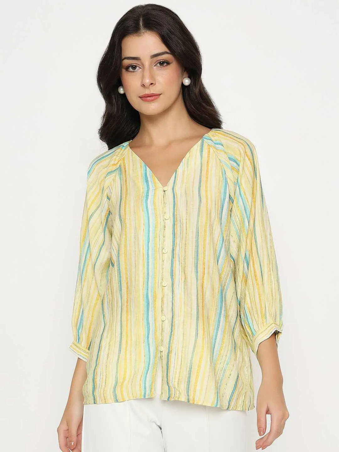 Madame Striped Rayon Blend Yellow Top UV Protection