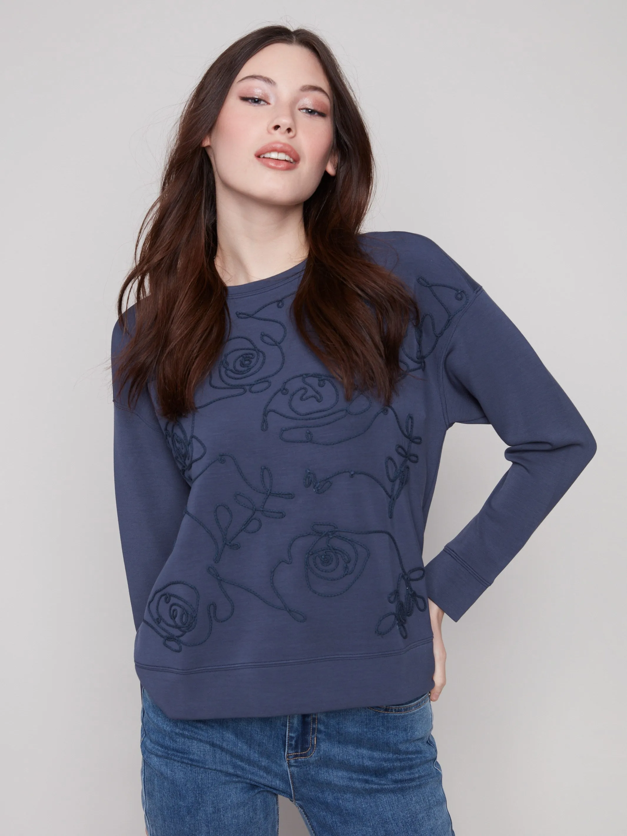 Beach Ease Bold Core Scuba Knit Top with Soutache Detail - Moonlight