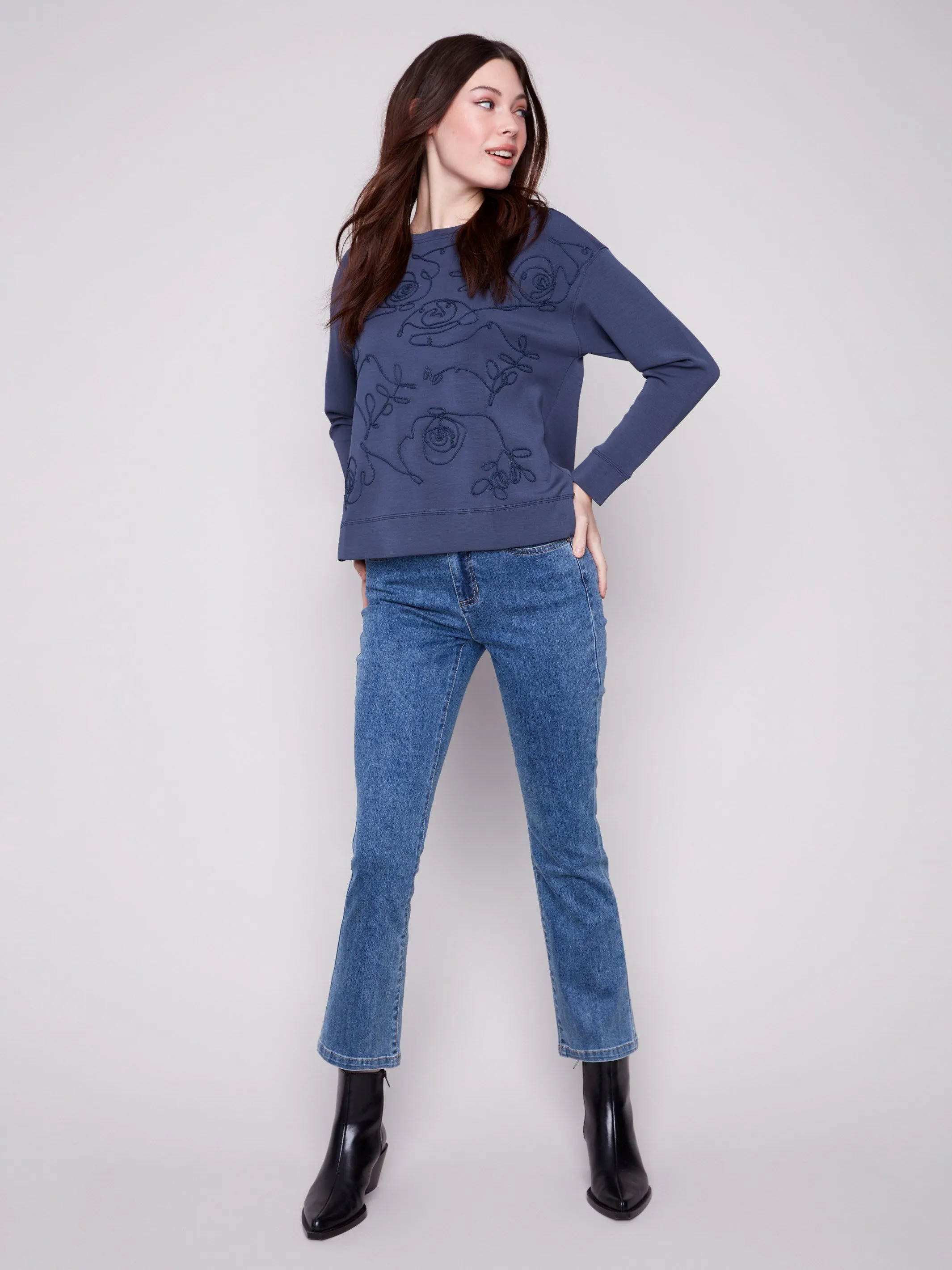 AntiStaticMaterial ElasticFree Cuffs Scuba Knit Top with Soutache Detail - Moonlight