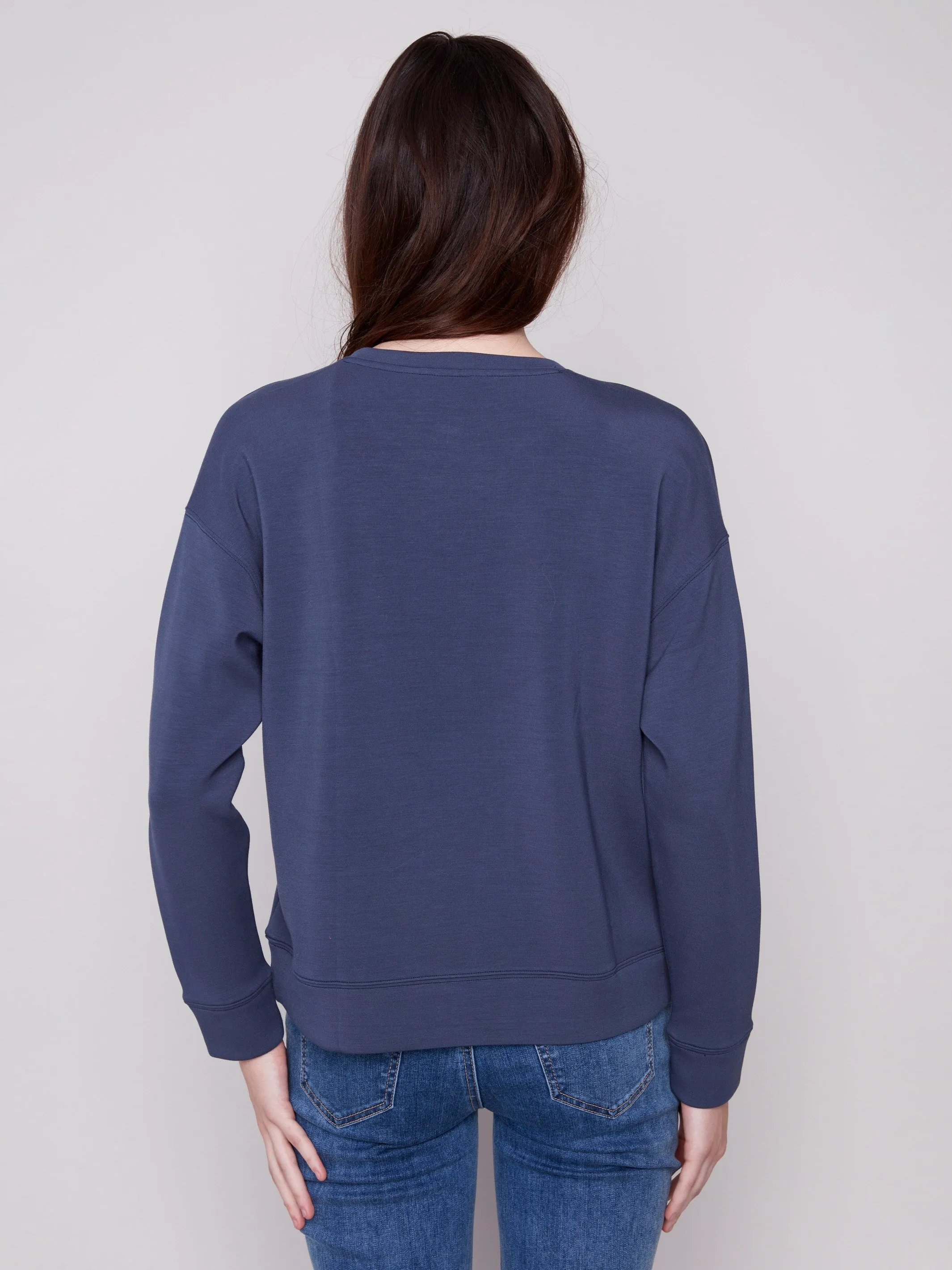 Soft Motion Scuba Knit Top with Soutache Detail - Moonlight