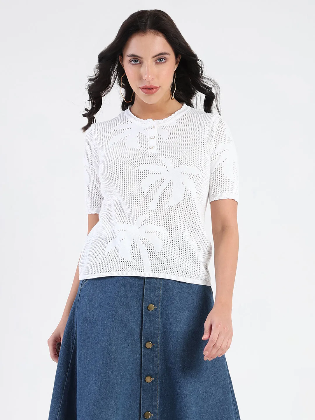 Madame Semi Sheer Botanical Pattern White Knit Top Fantasy Mood