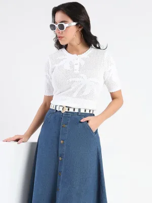 Casual Trend Madame Semi Sheer Botanical Pattern White Knit Top