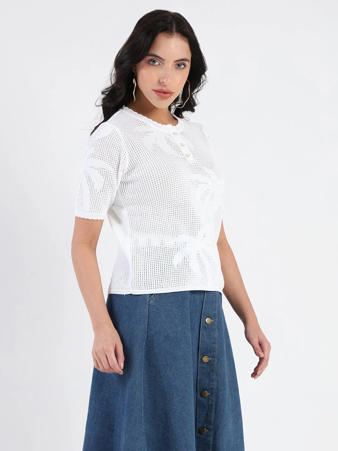 Foldable Hem Trend Base Madame Semi Sheer Botanical Pattern White Knit Top