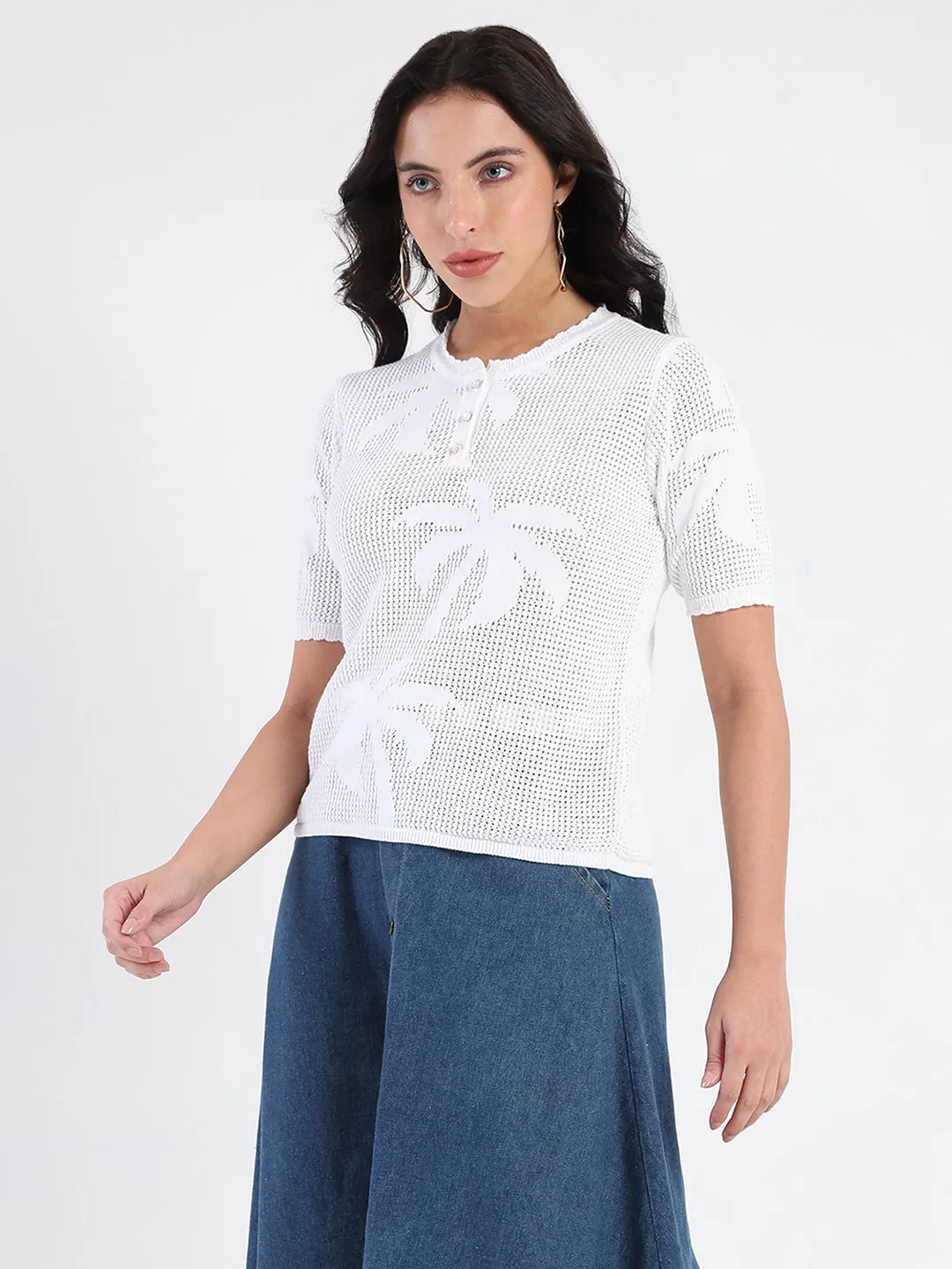 Madame Semi Sheer Botanical Pattern White Knit Top Warm Jacket Ocean Fit