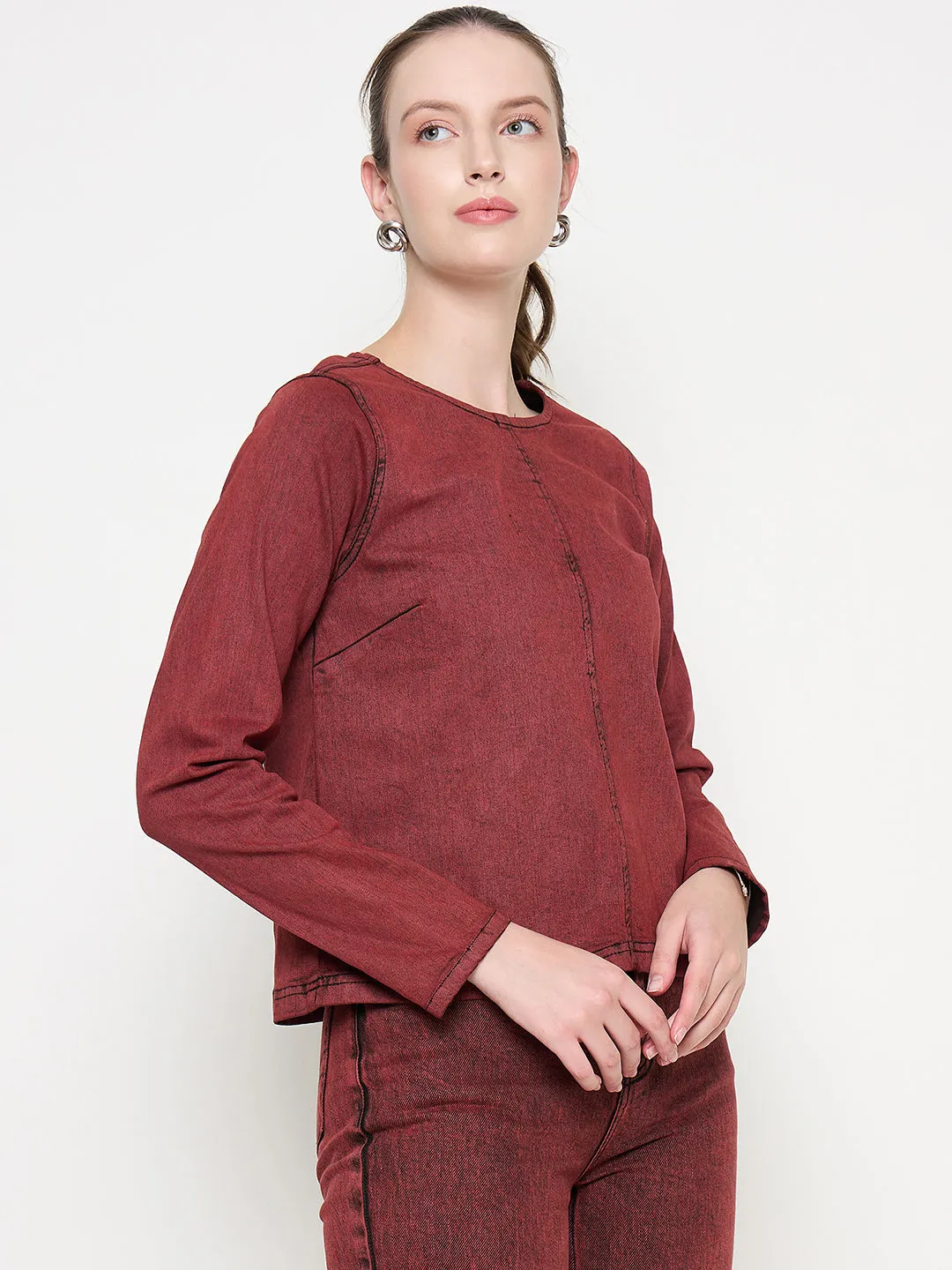 Gentle Power Model Glow Madame Cotton Blend Acid Wash Red Denim Top