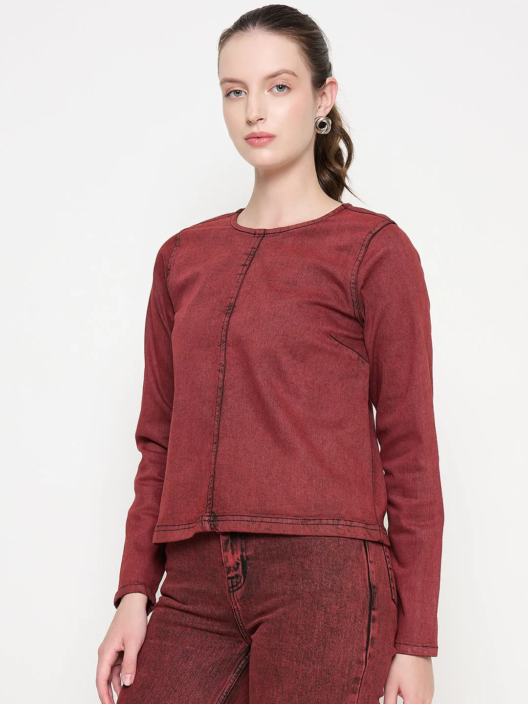 Winter Fashion Soft Fabric Madame Cotton Blend Acid Wash Red Denim Top
