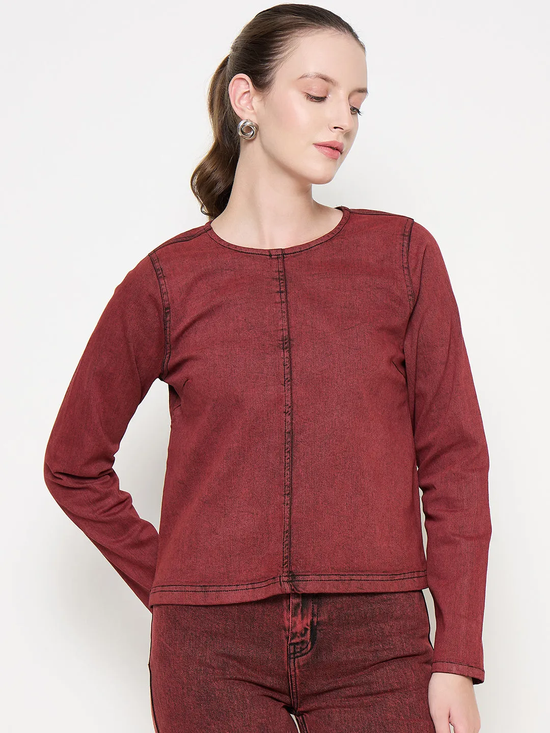 Madame Cotton Blend Acid Wash Red Denim Top Light Flow Regal Glow