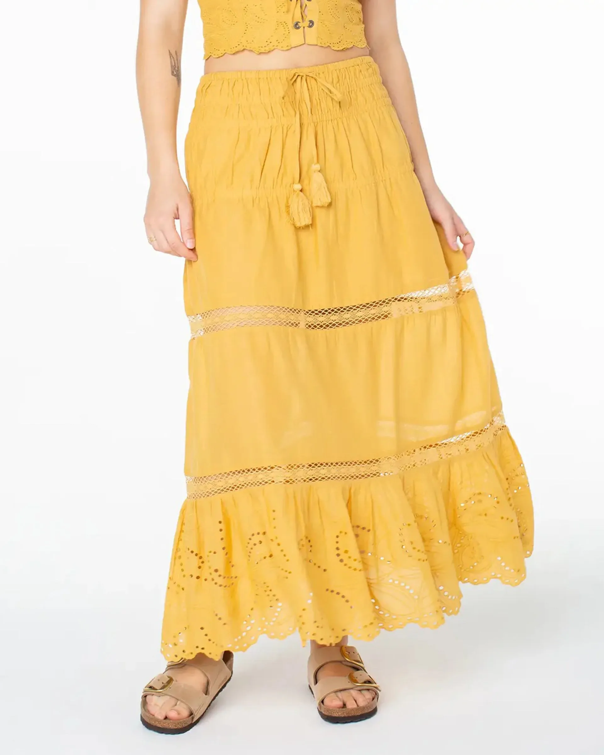 Castaway Maxi Skirt - Amber Gold Solid ruffle trim Twist Knot Details