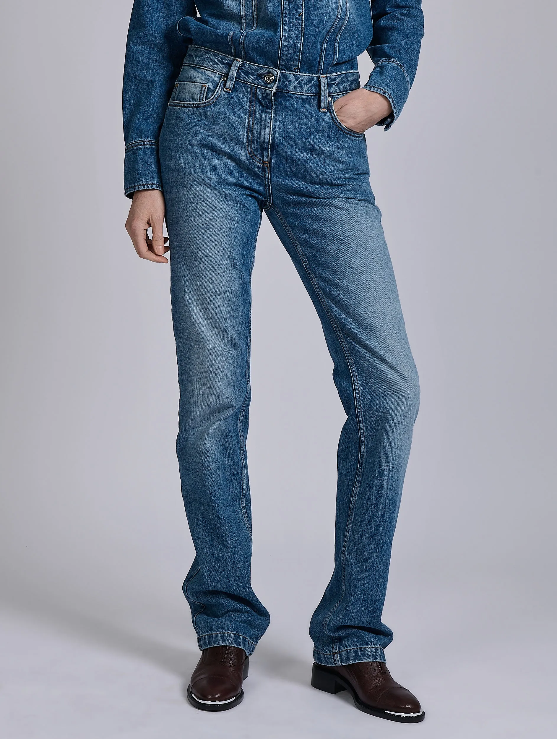 Blue denim 5-pocket straight fit jeans Stretch Panels