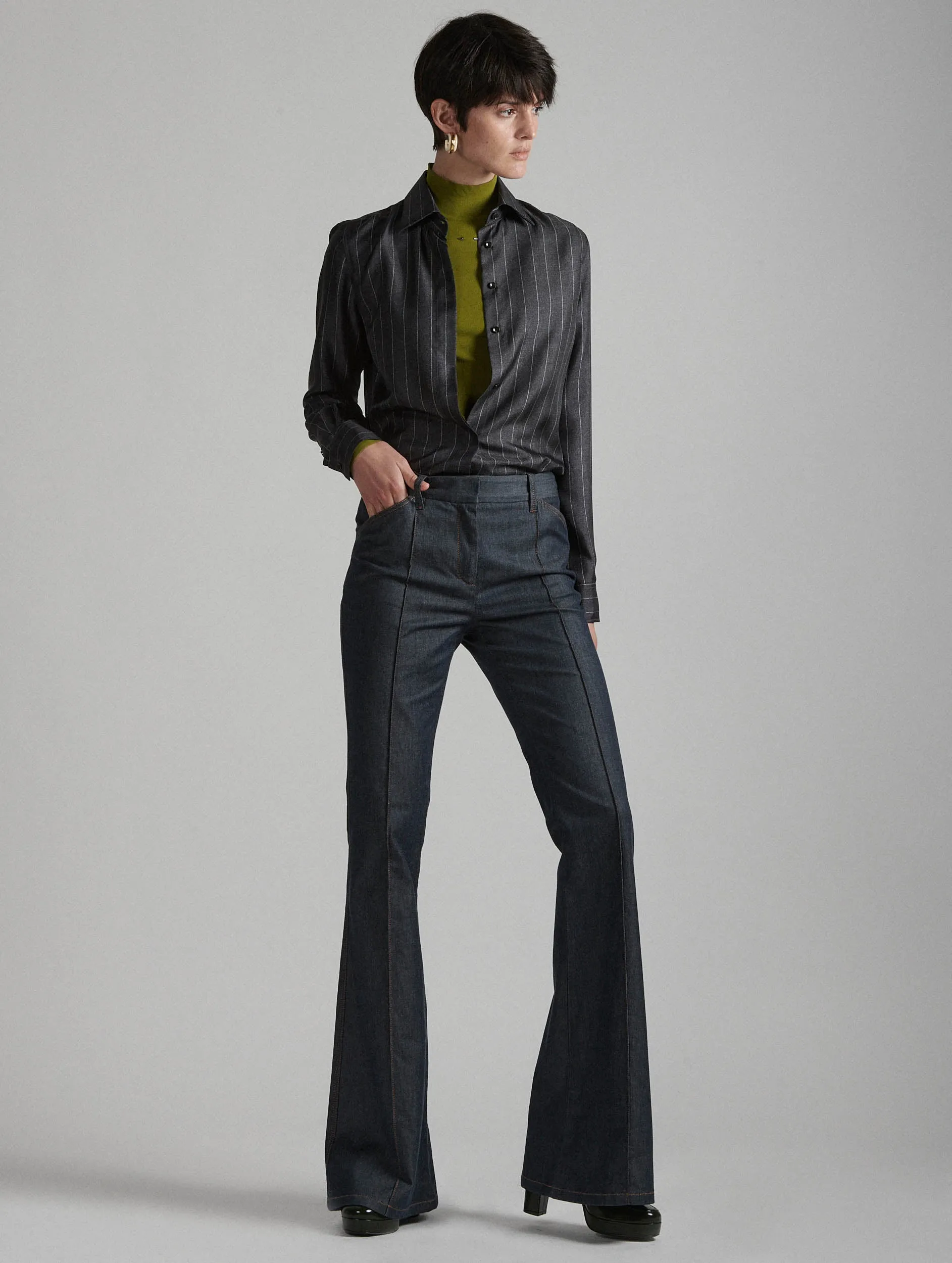 Bootleg suit trousers in washed denim DoubleLayeredFabric Hip Friendly Pockets