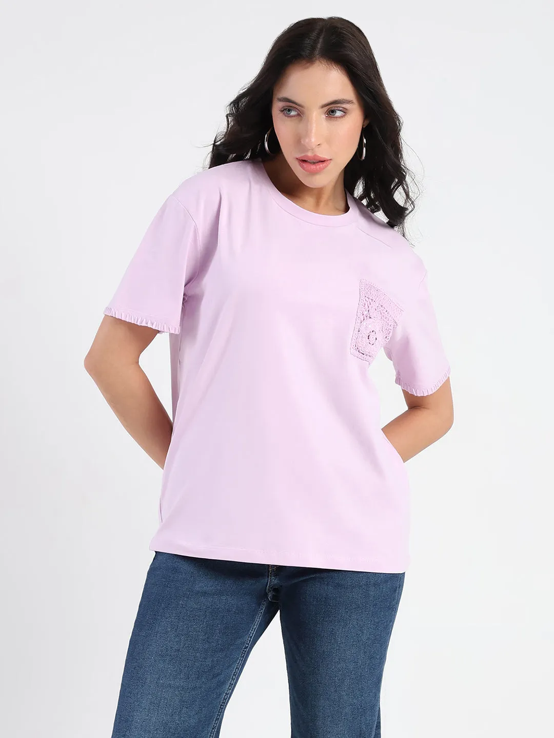 Spandex Enhanced Elasticity Madame Pocket Detailed Solid Mauve Cotton Blend T-shirt