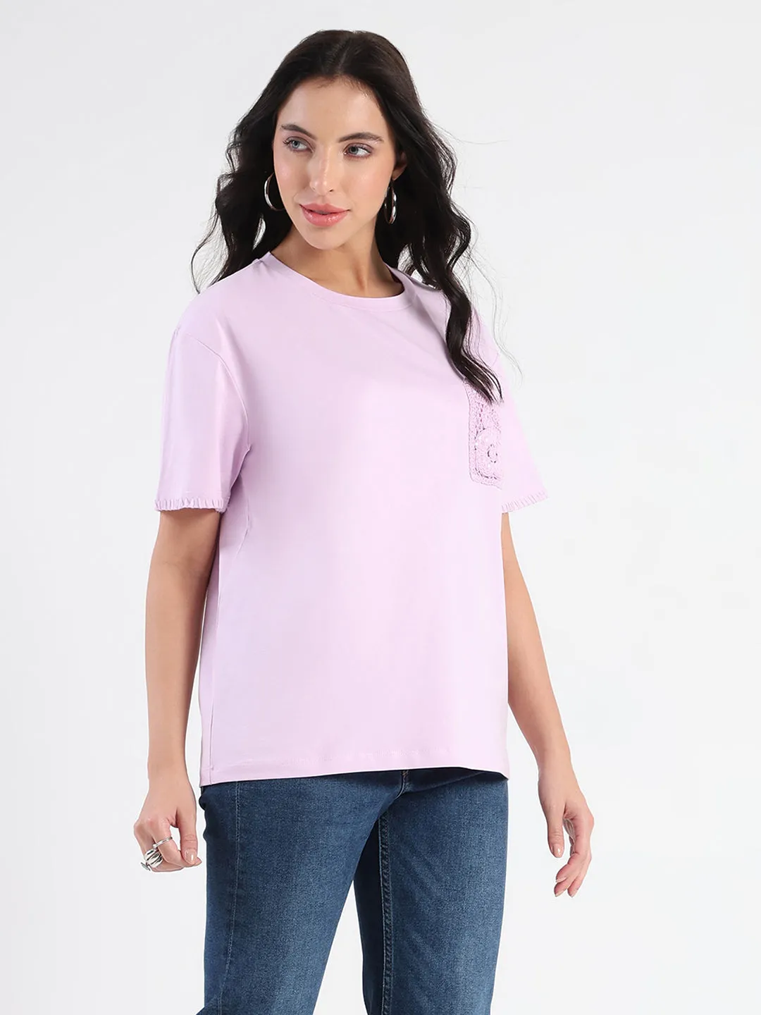 Garment Dyed Madame Pocket Detailed Solid Mauve Cotton Blend T-shirt