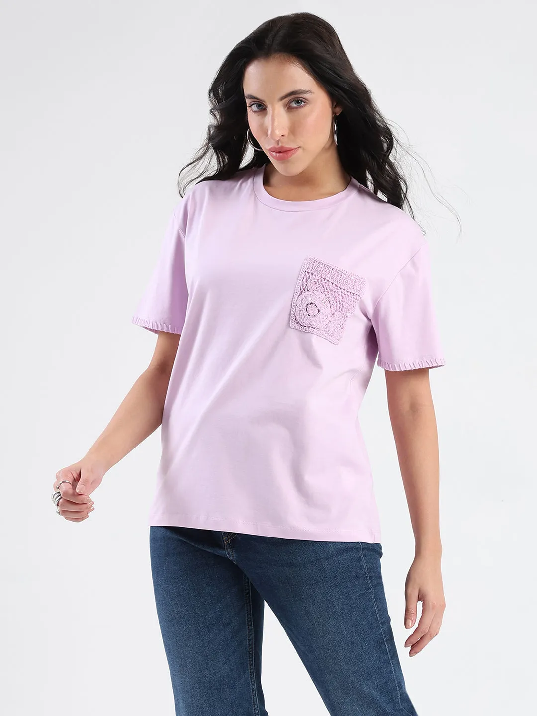 Madame Pocket Detailed Solid Mauve Cotton Blend T-shirt Breathable touch Chilly Day Comfort
