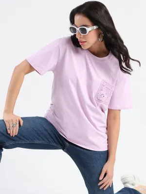Madame Pocket Detailed Solid Mauve Cotton Blend T-shirt Drop Shoulder Cut