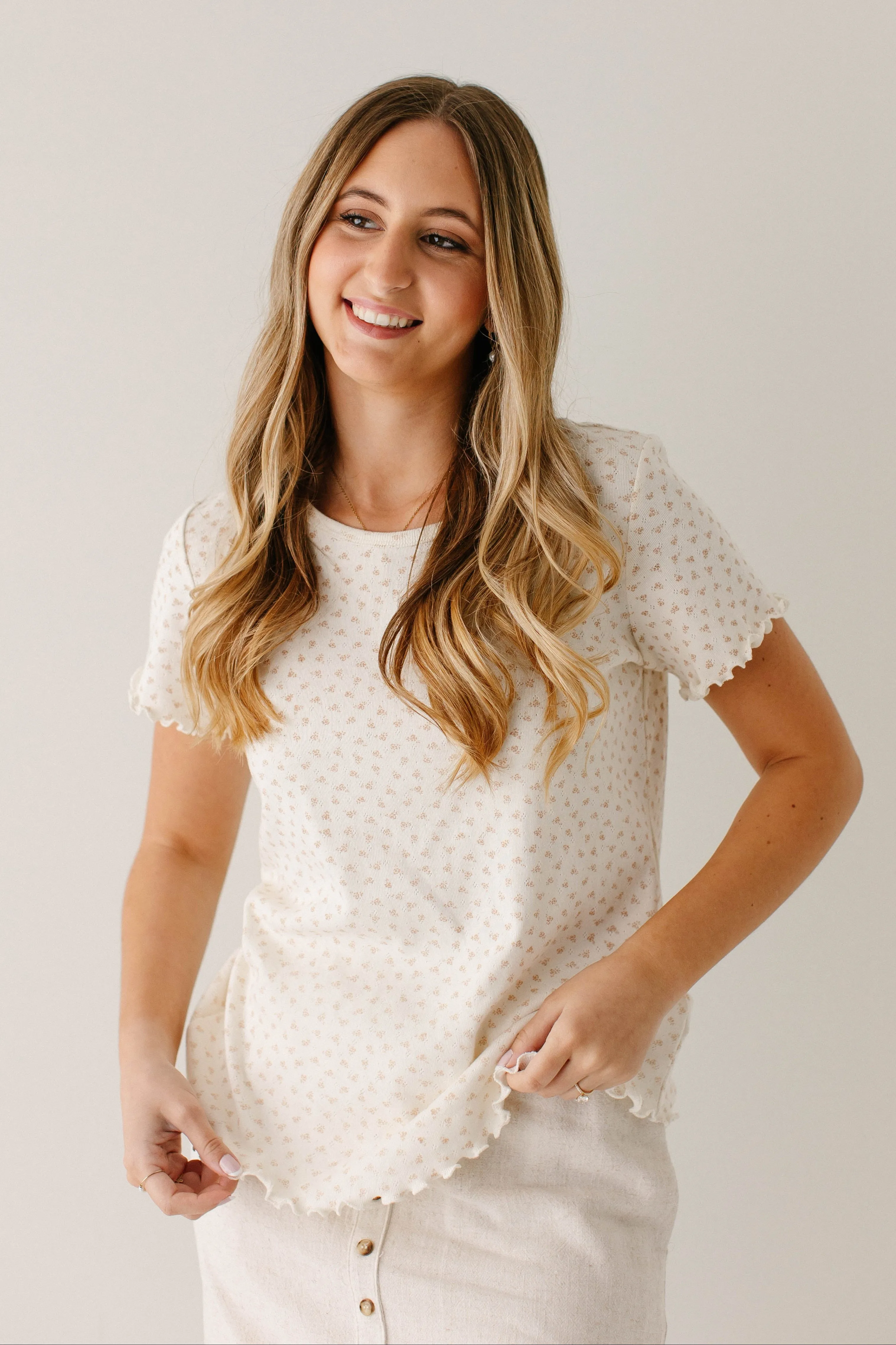 Relaxed Style 'Inez' Lettuce Hem Floral T-Shirt in Cream hypoallergenic material Eco conscious