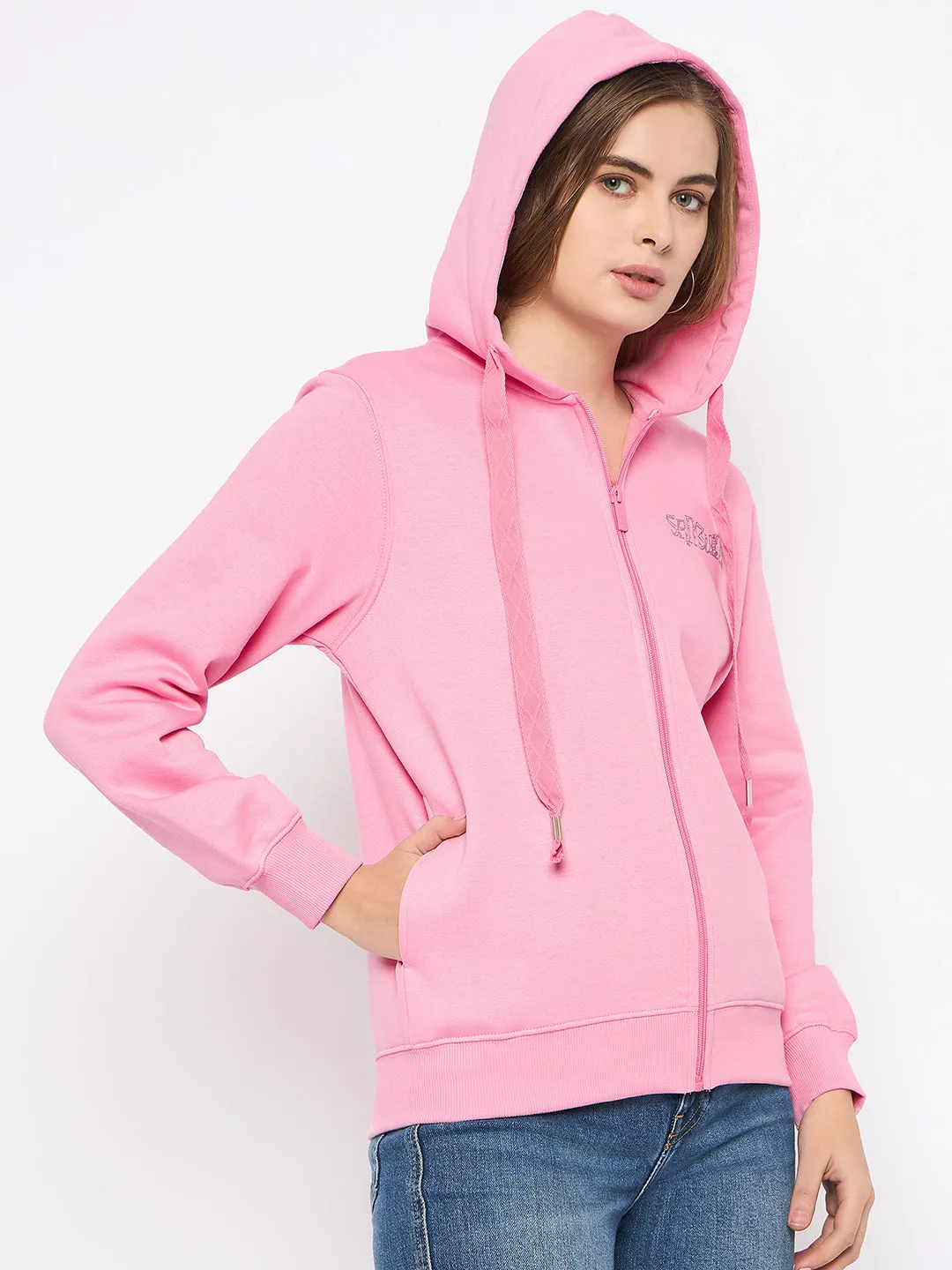Timeless Sporty Madame Placement Print Detailed Pink Hooded Sweatshirt